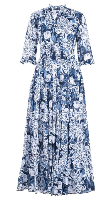 Eva Dress Crew Neck 3/4 Sleeve Maxi Length Cotton Musola (Chrysanthemum Flower Big)