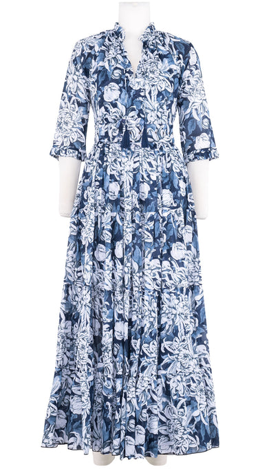 Eva Dress Crew Neck 3/4 Sleeve Maxi Length Cotton Musola (Chrysanthemum Flower Big)