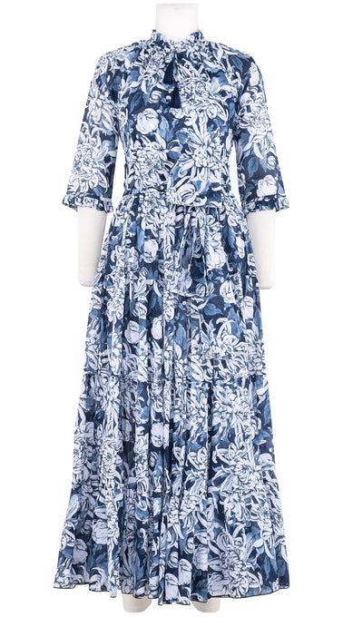 Eva Dress Crew Neck 3/4 Sleeve Maxi Length Cotton Musola (Chrysanthemum Flower Big)