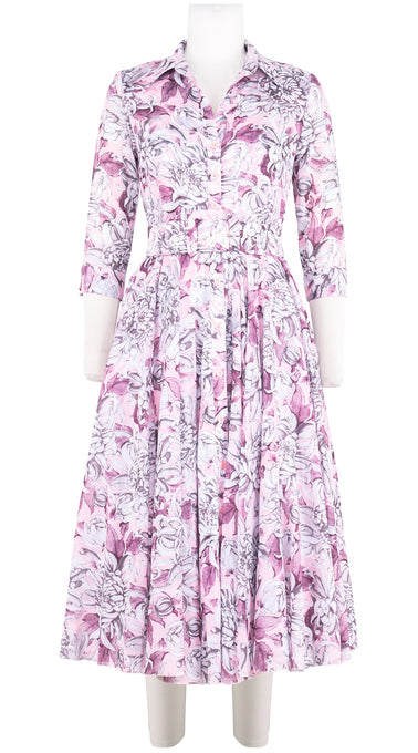 Aster Dress Shirt Collar 3/4 Sleeve Midi Length Cotton Musola (Chrysanthemum Flower Big)