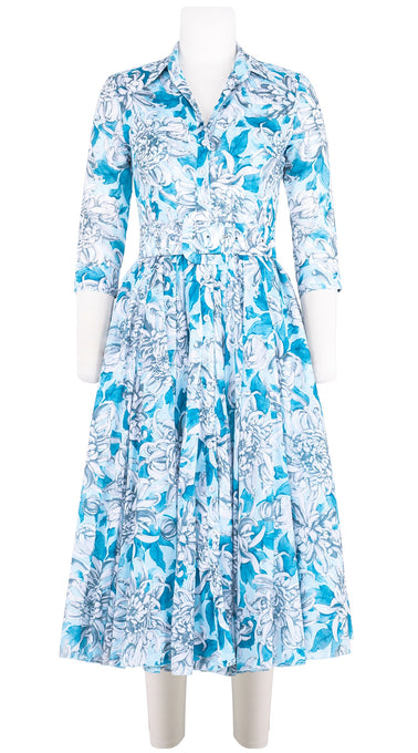 Aster Dress Shirt Collar 3/4 Sleeve Midi Length Cotton Musola (Chrysanthemum Flower Big)