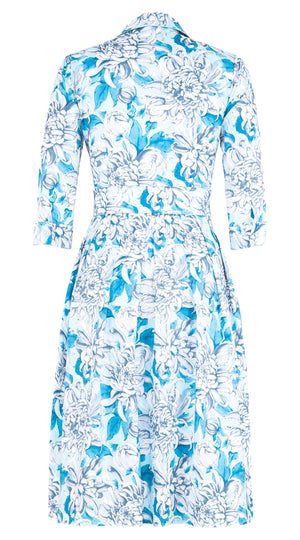 Audrey Dress #1 Shirt Collar 3/4 Sleeve Long Length Cotton Stretch (Chrysanthemum Flower Big)