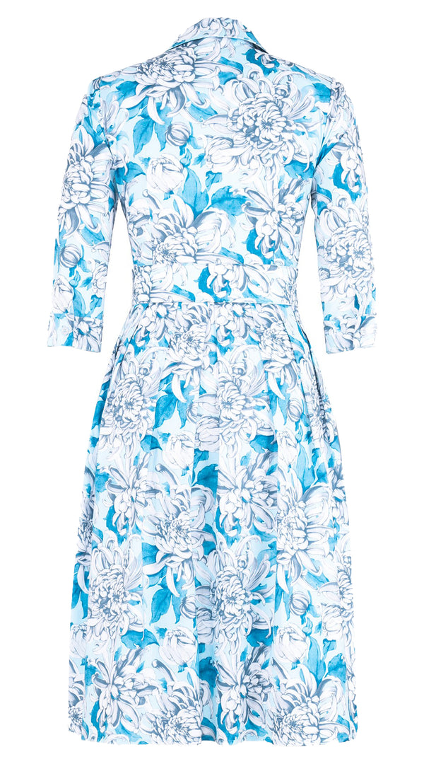 Audrey Dress #1 Shirt Collar 3/4 Sleeve Long Length Cotton Stretch (Chrysanthemum Flower Big)