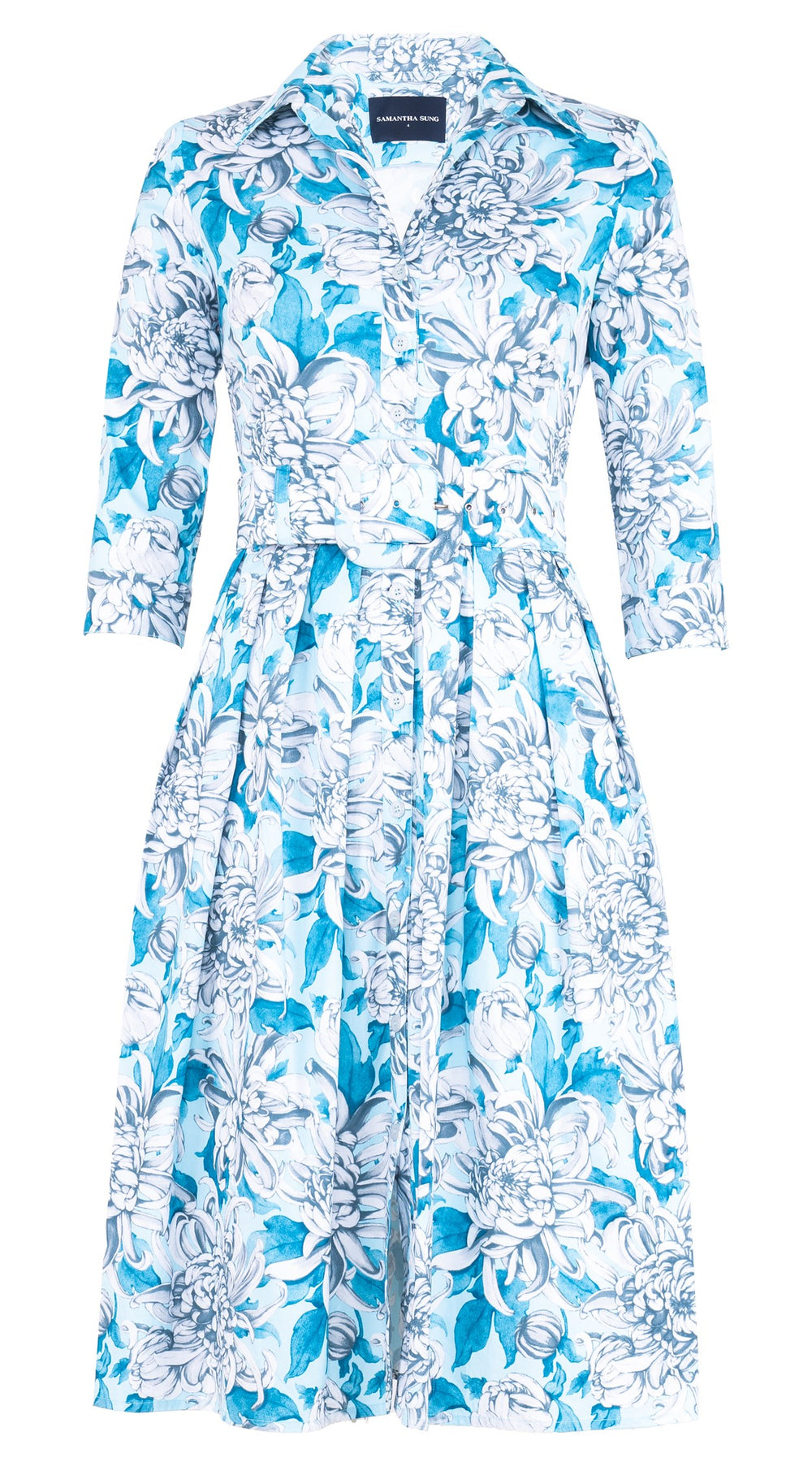 Audrey Dress #1 Shirt Collar 3/4 Sleeve Long Length Cotton Stretch (Chrysanthemum Flower Big)