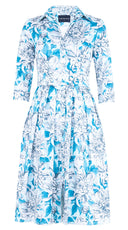 Audrey Dress #1 Shirt Collar 3/4 Sleeve Long Length Cotton Stretch (Chrysanthemum Flower Big)
