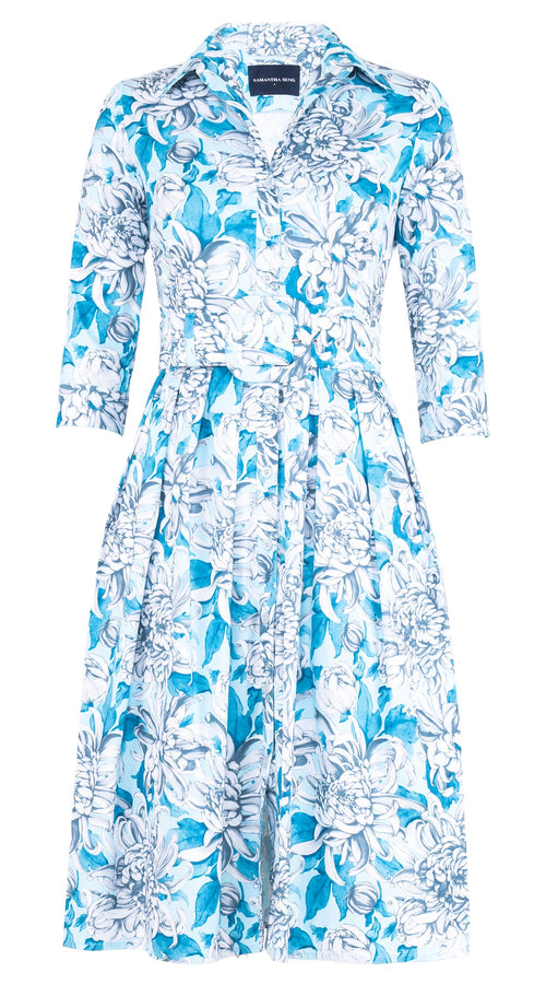 Audrey Dress #1 Shirt Collar 3/4 Sleeve Long Length Cotton Stretch (Chrysanthemum Flower Big)