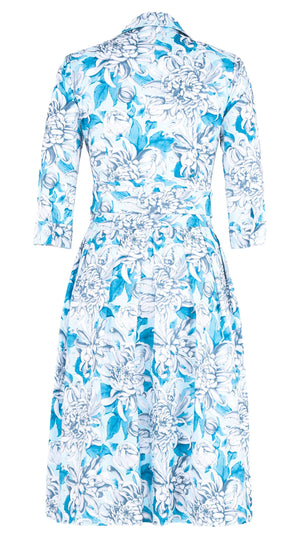 Audrey Dress #1 Shirt Collar 3/4 Sleeve Long Length Cotton Stretch (Chrysanthemum Flower Big)