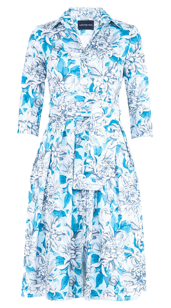 Audrey Dress #1 Shirt Collar 3/4 Sleeve Long Length Cotton Stretch (Chrysanthemum Flower Big)