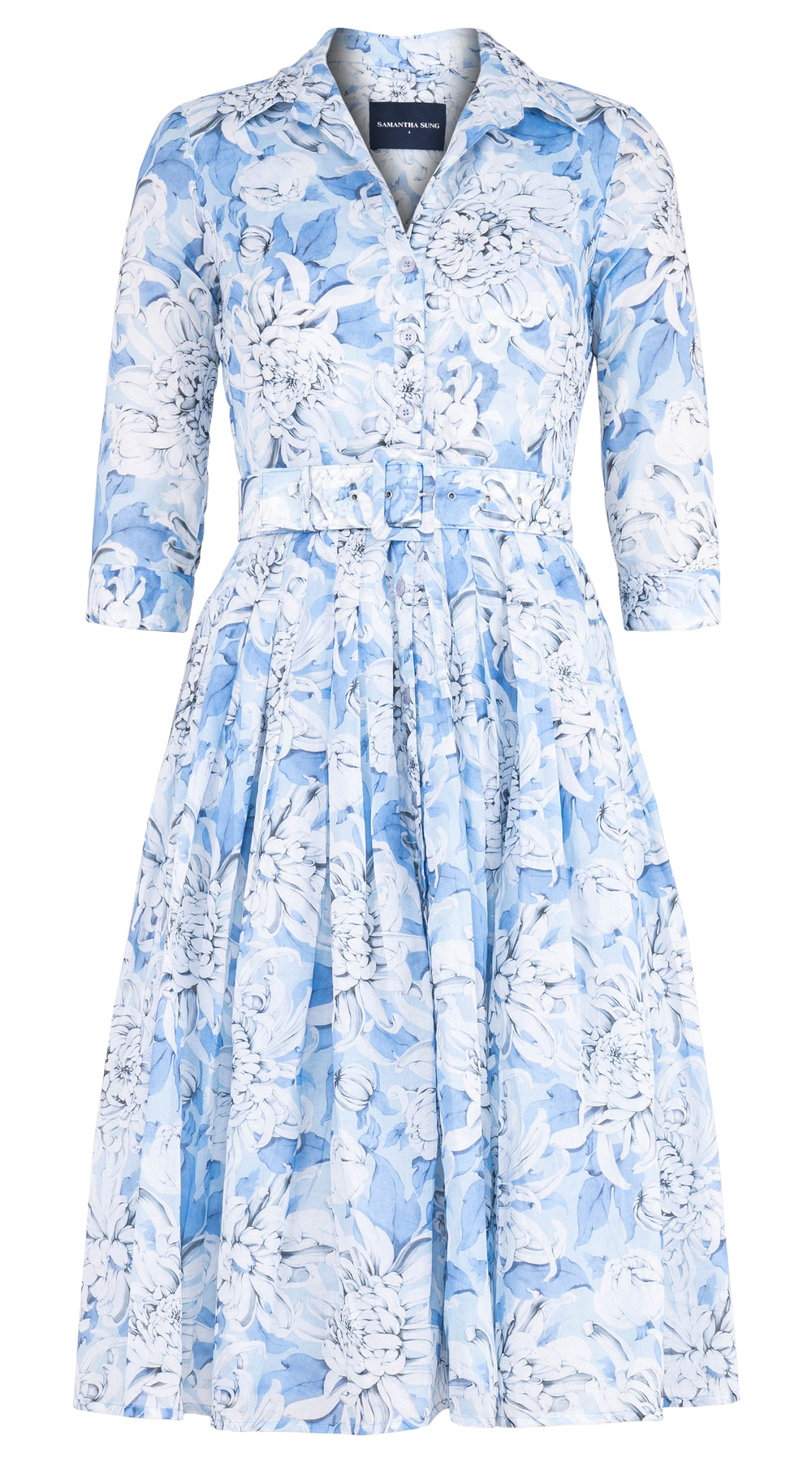 Audrey Dress #4 Shirt Collar 3/4 Sleeve Midi Length Musola (Chrysanthemum Flower)