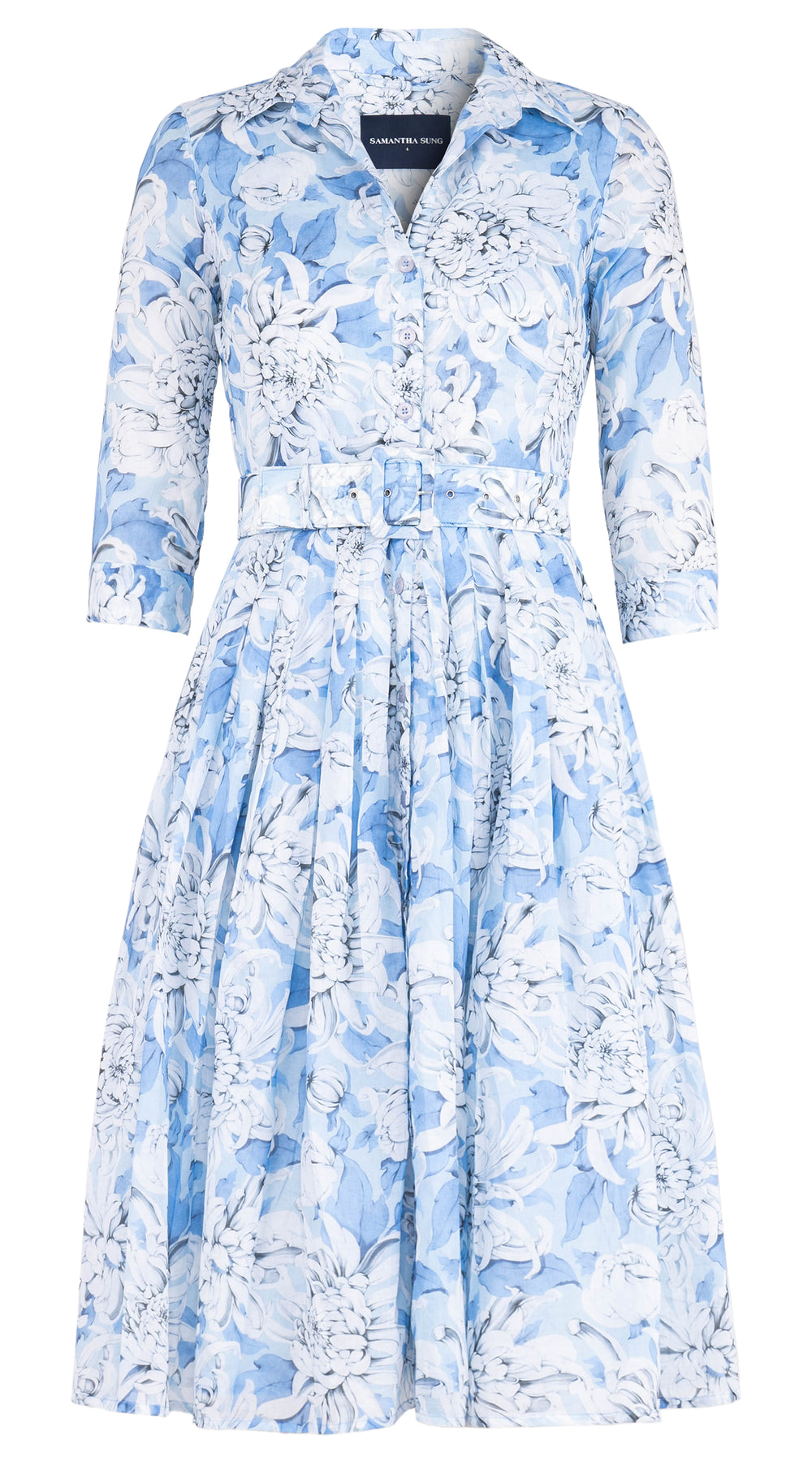 Audrey Dress #2 Shirt Collar 3/4 Sleeve Long Length Cotton Musola (Chrysanthemum Flower Big)
