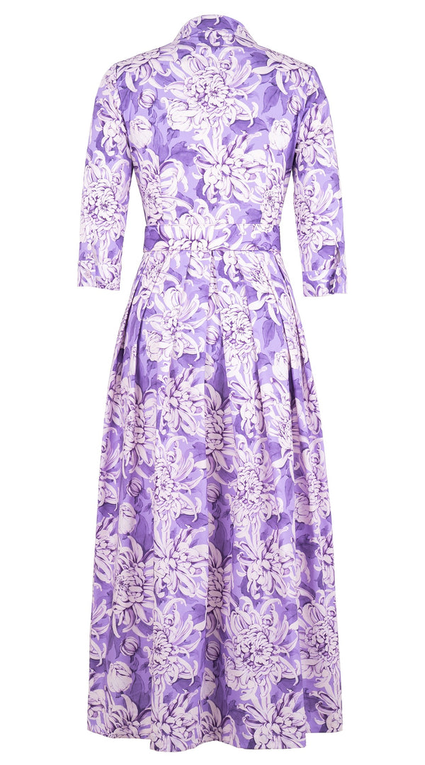 Audrey Dress #1 Shirt Collar 3/4 Sleeve Ankle Length Cotton Stretch (Chrysanthemum Flower Big)
