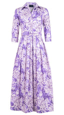 Audrey Dress #1 Shirt Collar 3/4 Sleeve Ankle Length Cotton Stretch (Chrysanthemum Flower Big)