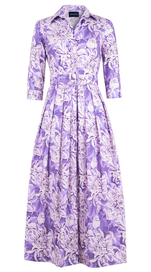 Audrey Dress #1 Shirt Collar 3/4 Sleeve Ankle Length Cotton Stretch (Chrysanthemum Flower Big)