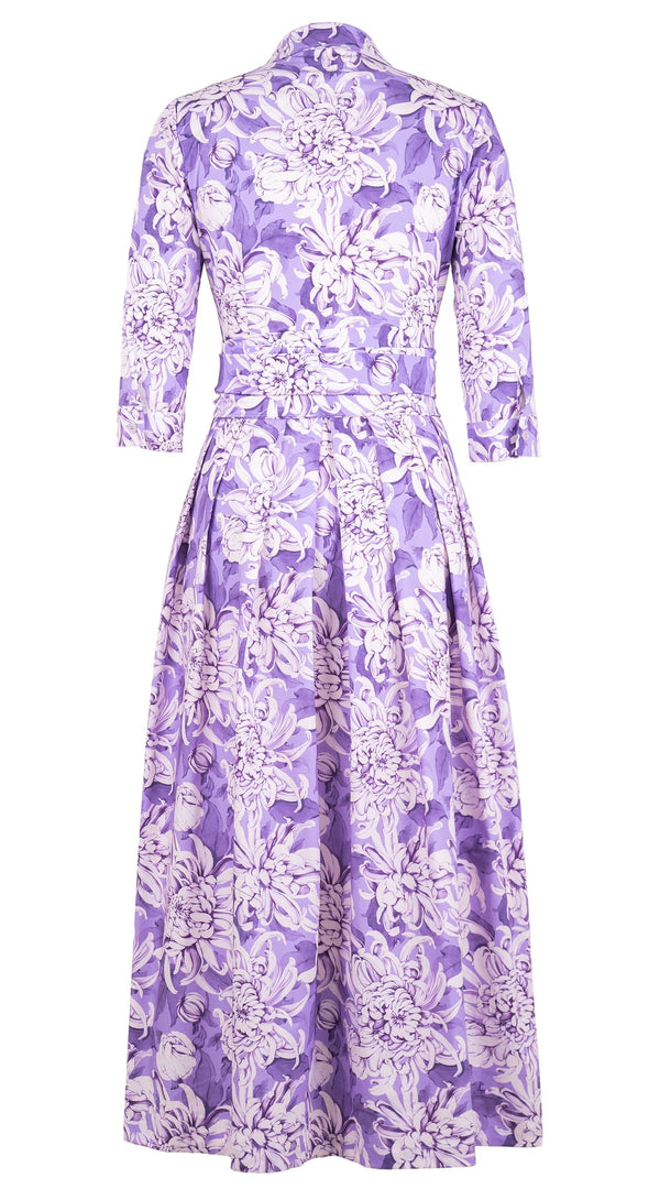 Audrey Dress #1 Shirt Collar 3/4 Sleeve Ankle Length Cotton Stretch (Chrysanthemum Flower Big)