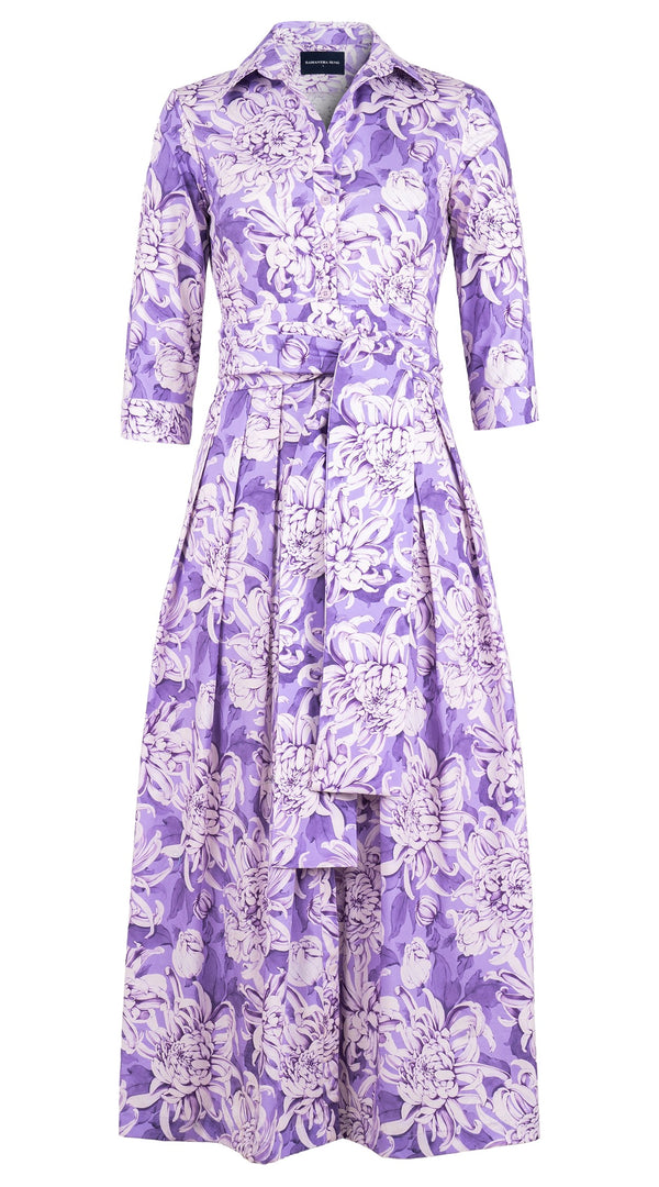 Audrey Dress #1 Shirt Collar 3/4 Sleeve Ankle Length Cotton Stretch (Chrysanthemum Flower Big)