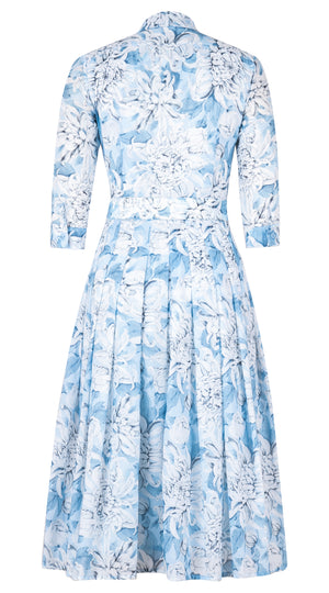 Audrey Dress #4 Shirt Collar 3/4 Sleeve Midi Length Cotton Musola (Chrysanthemum Flower Big)