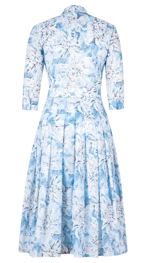 Audrey Dress #4 Shirt Collar 3/4 Sleeve Midi Length Cotton Musola (Chrysanthemum Flower Big)