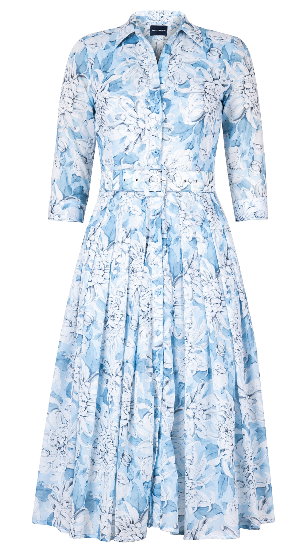 Audrey Dress #4 Shirt Collar 3/4 Sleeve Midi Length Cotton Musola (Chrysanthemum Flower Big)