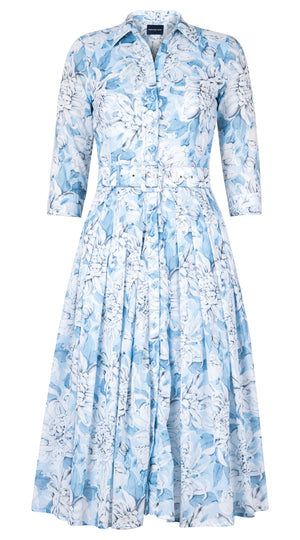 Audrey Dress #4 Shirt Collar 3/4 Sleeve Midi Length Cotton Musola (Chrysanthemum Flower Big)