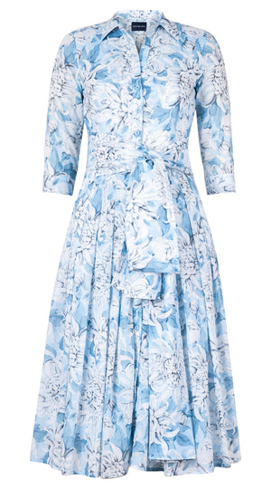 Audrey Dress #4 Shirt Collar 3/4 Sleeve Midi Length Cotton Musola (Chrysanthemum Flower Big)