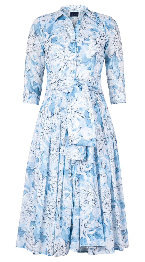 Audrey Dress #4 Shirt Collar 3/4 Sleeve Midi Length Cotton Musola (Chrysanthemum Flower Big)