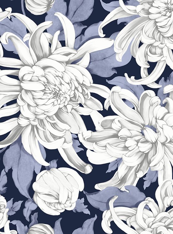 Eva Dress Crew Neck 3/4 Sleeve Midi Length Cotton Musola (Chrysanthemum Flower Big)