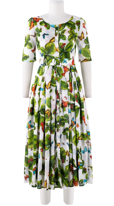 Audrey Dress #4 Boat Shirt Neck 3/4 Sleeve Midi Plus Length Cotton Musola (Clover Butterfly Small)