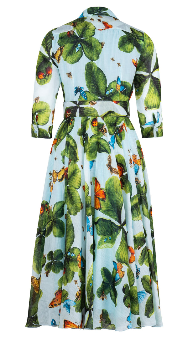 Aster Dress Shirt Collar 3/4 Sleeve Midi Length Ramie (Clover Butterfly Big)