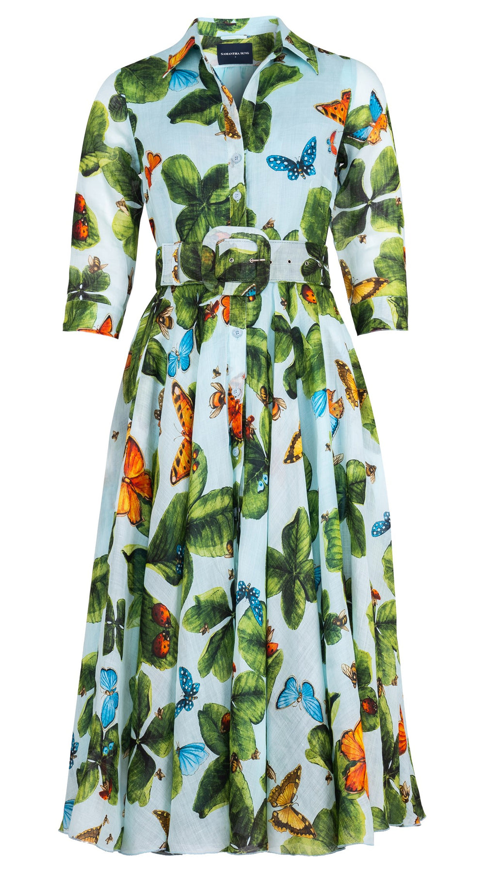 Aster Dress Shirt Collar 3/4 Sleeve Midi Length Ramie (Clover Butterfly Big)