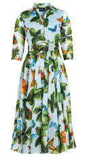Aster Dress Shirt Collar 3/4 Sleeve Midi Length Ramie (Clover Butterfly Big)