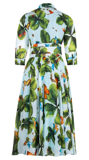 Aster Dress Shirt Collar 3/4 Sleeve Midi Length Ramie (Clover Butterfly Big)