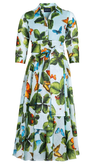 Aster Dress Shirt Collar 3/4 Sleeve Midi Length Ramie (Clover Butterfly Big)