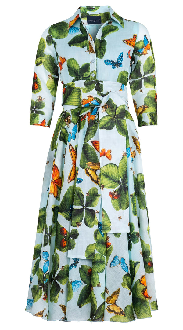Aster Dress Shirt Collar 3/4 Sleeve Midi Length Ramie (Clover Butterfly Big)