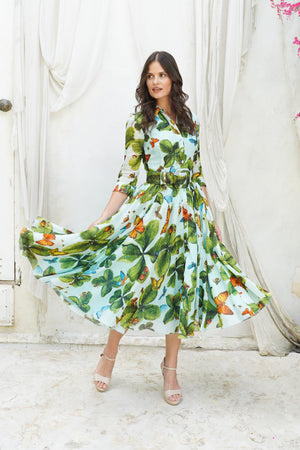 Aster Dress Shirt Collar 3/4 Sleeve Midi Length Ramie (Clover Butterfly Big)