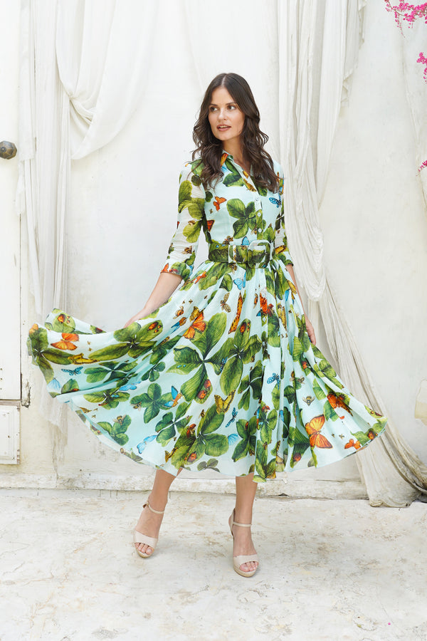 Aster Dress Shirt Collar 3/4 Sleeve Midi Length Ramie (Clover Butterfly Big)