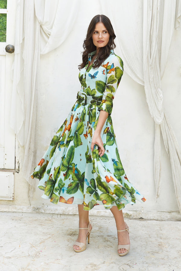 Aster Dress Shirt Collar 3/4 Sleeve Midi Length Ramie (Clover Butterfly Big)