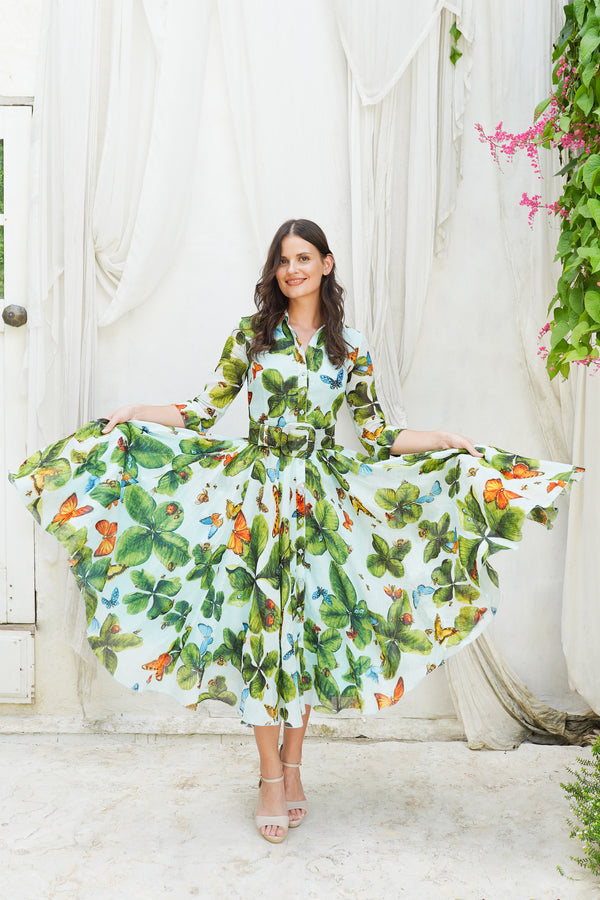 Aster Dress Shirt Collar 3/4 Sleeve Midi Length Ramie (Clover Butterfly Big)