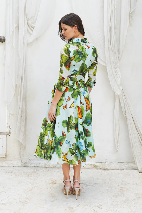 Aster Dress Shirt Collar 3/4 Sleeve Midi Length Ramie (Clover Butterfly Big)