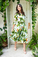 Aster Dress Shirt Collar 3/4 Sleeve Midi Length Ramie (Clover Butterfly Big)