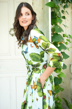 Aster Dress Shirt Collar 3/4 Sleeve Midi Length Ramie (Clover Butterfly Big)