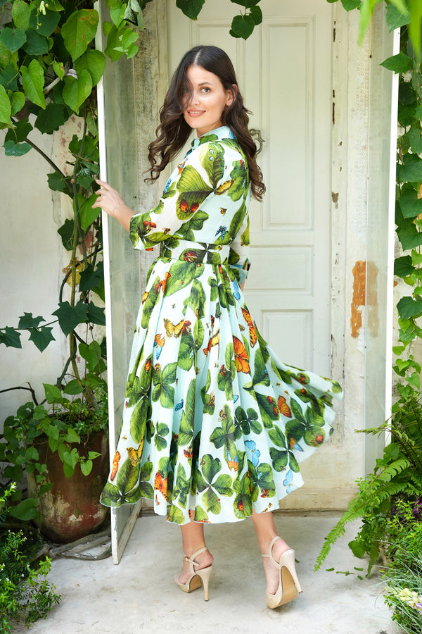 Aster Dress Shirt Collar 3/4 Sleeve Midi Length Ramie (Clover Butterfly Big)