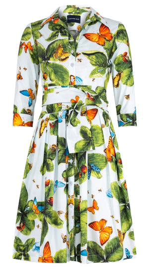 Audrey Dress #1 Shirt Collar 3/4 Sleeve Regular Length Cotton Stretch (Clover Butterfly Big)