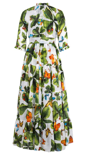Eden Dress Crew Neck 3/4 Sleeve Maxi Length Ramie (Clover Butterfly Big)