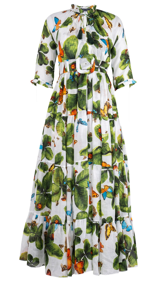 Eden Dress Crew Neck 3/4 Sleeve Maxi Length Ramie (Clover Butterfly Big)