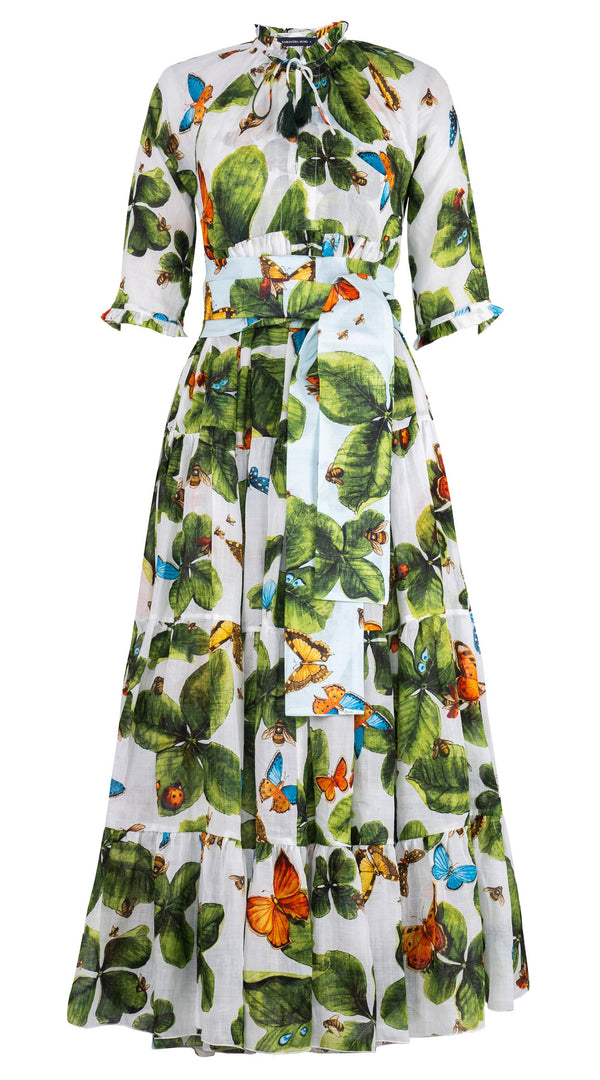 Eden Dress Crew Neck 3/4 Sleeve Maxi Length Ramie (Clover Butterfly Big)