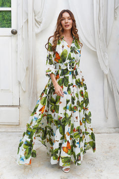 Eden Dress Crew Neck 3/4 Sleeve Maxi Length Cotton Musola (Clover Butterfly)