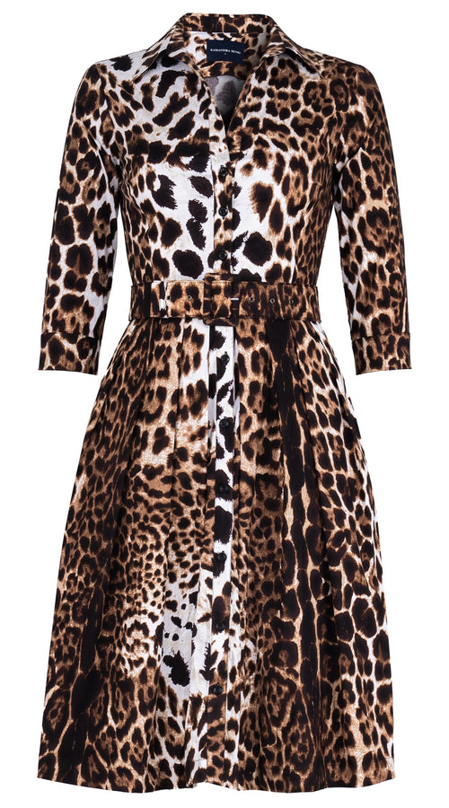 Audrey Dress #1 Shirt Collar 3/4 Sleeve Regular Length Cotton Stretch (Colombo Leopard)
