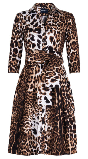 Audrey Dress #1 Shirt Collar 3/4 Sleeve Regular Length Cotton Stretch (Colombo Leopard)