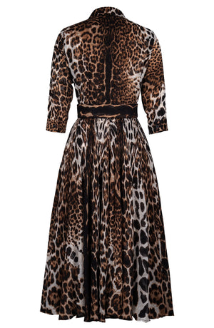 Aster Dress Shirt Collar 3/4 Sleeve Midi Length Wool Musola (Colombo Leopard) - Camel