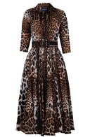 Aster Dress Shirt Collar 3/4 Sleeve Midi Length Wool Musola (Colombo Leopard) - Camel